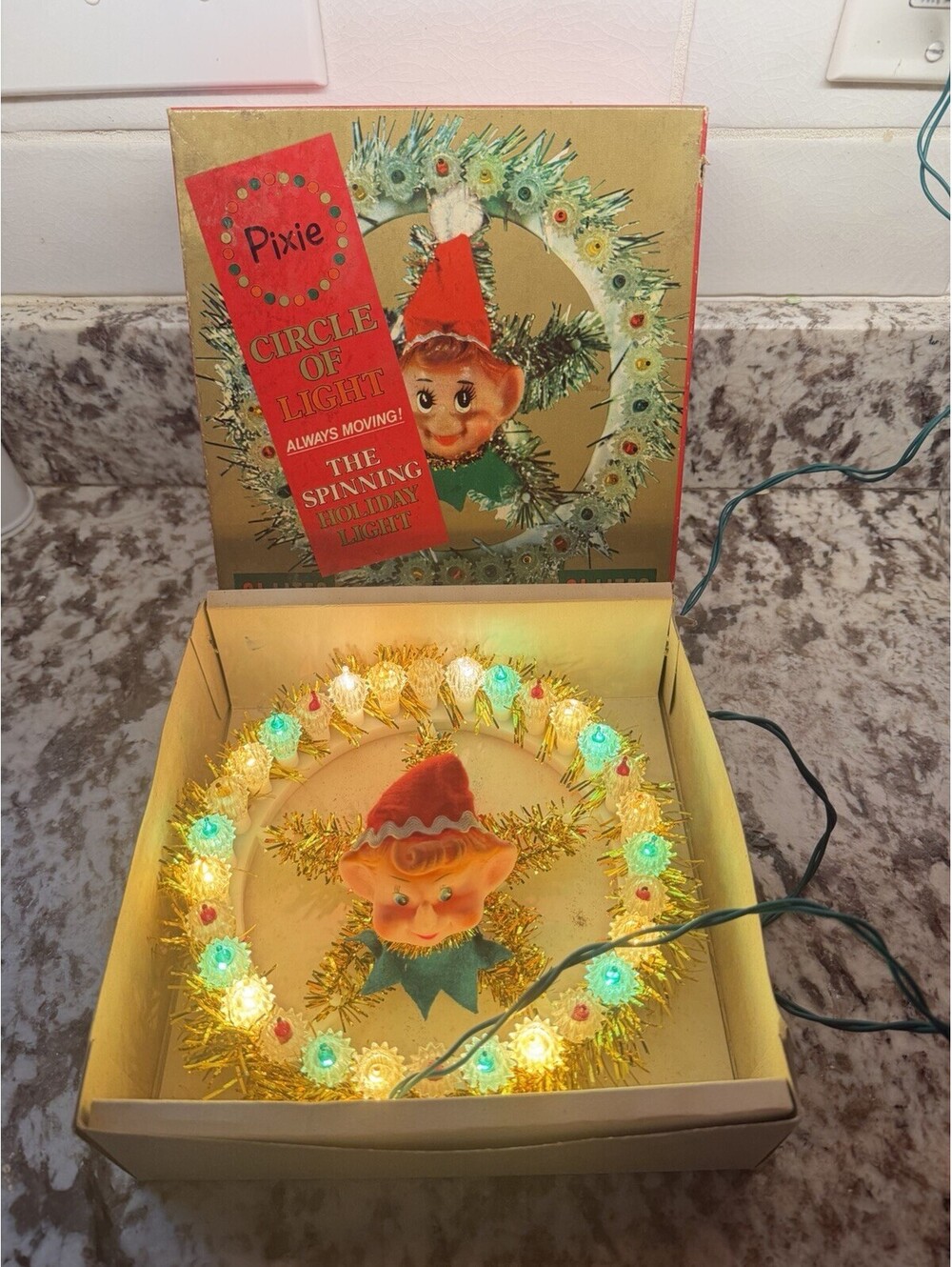 Vtg Pixie Tree Topper MCM Mid Century Elf Circle of Lights 60s Retro W/ Orig Box